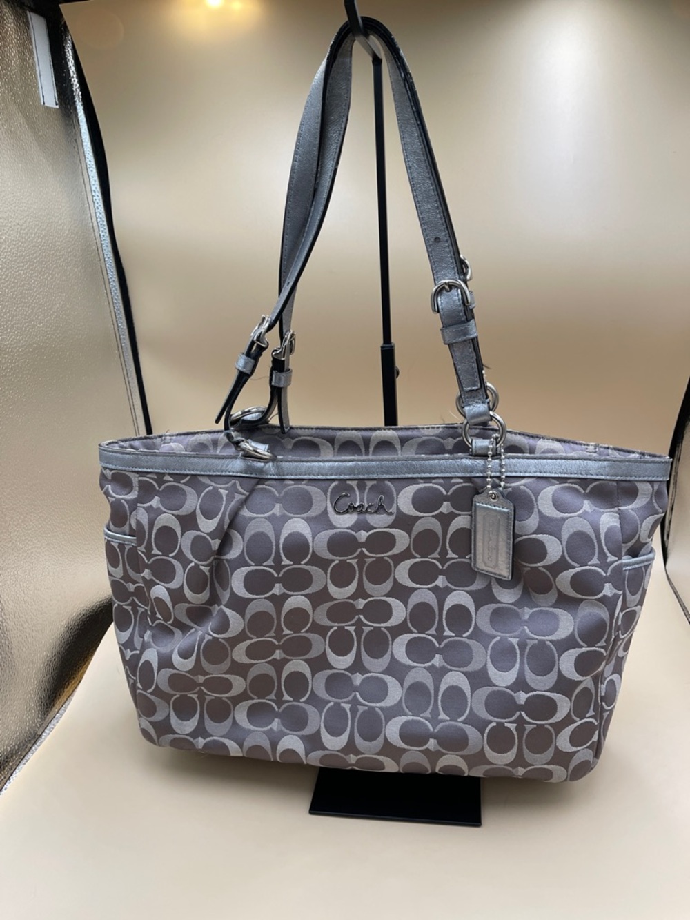 Coach Gray and Silver Metallic Signature Canvas Satchel G1175-F17698 Daily Coach